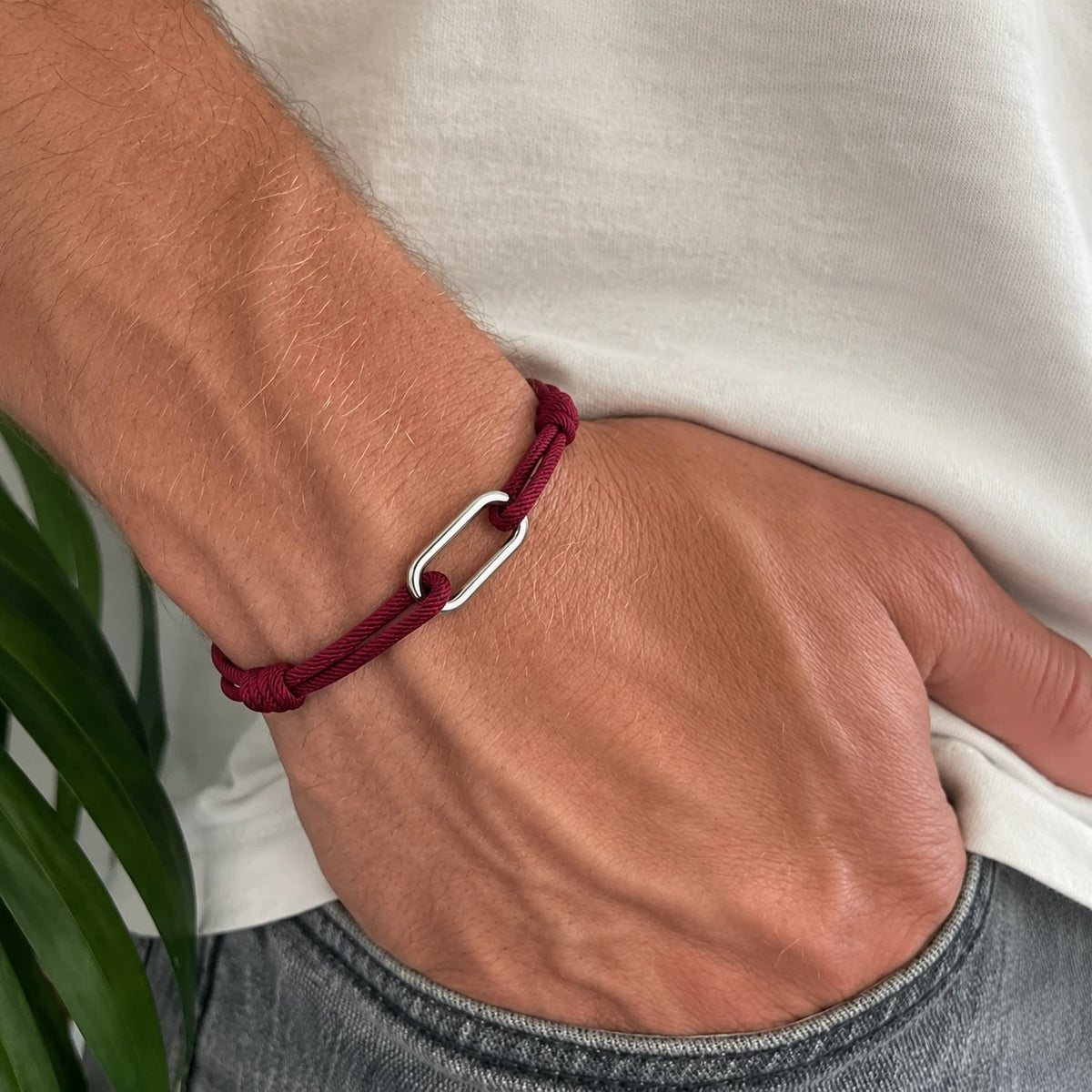 Rope bracelet in burgundy, worn